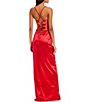 Color:Crimson - Image 2 - Sleeveless Inset Deep V-Neck Lace-Up Back Slit Hem Long Satin Dress