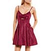 Color:Magenta - Image 1 - Sleeveless Peekaboo Front Glitter Knit Pleated Fit-And-Flare Dress