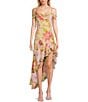 Color:Yellow/Pink - Image 1 - Sleeveless Ruffle Floral Printed Hi-Low Asymmetrical Dress