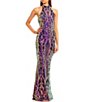 Color:Black/Pink/Blue - Image 3 - Sleevless High Neck Pattern Sequin Slim Long Dress