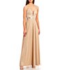Color:Blush/Silver - Image 1 - Spaghetti Strap Bar Inset Plunge V-Neck Glitter Ball Gown