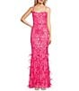 Color:Fuchsia - Image 1 - Spaghetti Strap Scoop Neck Sequin Feather Long Dress