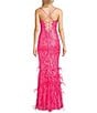 Color:Fuchsia - Image 2 - Spaghetti Strap Scoop Neck Sequin Feather Long Dress