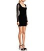 Color:Black - Image 3 - Square Neck Long Mesh Rhinestone Sleeve Bodycon Dress