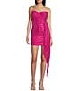 City Vibe Strapless Pleated Foil Tail Party Dress, Color:Hot Pink - Image 1