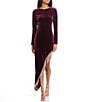Color:Burgundy - Image 1 - Velvet Long Sleeve Asymmetrical Hem Fringe Trim Long Dress