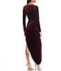 Color:Burgundy - Image 2 - Velvet Long Sleeve Asymmetrical Hem Fringe Trim Long Dress
