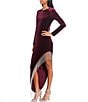 Color:Burgundy - Image 3 - Velvet Long Sleeve Asymmetrical Hem Fringe Trim Long Dress