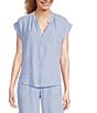 Cloth & Stone Linen Blend Mandarin Collar Short Sleeve Stripe Coordinating Top, Color:Blue Breeze - Image 2