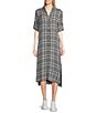 Color:Houndstooth Plaid - Image 1 - Long Rolled Tab Sleeve Button Front Midi Shirt Dress