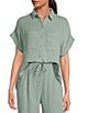 Cloth & Stone Woven Crinkle Point Collar Short Sleeve Button Front Blouse, Color:Lush Grove - Image 1