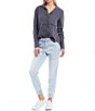 Color:Twilight - Image 3 - Woven Fray Placket Button Front Long Cuff Sleeve Point Collar Top