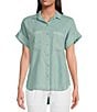 Color:Seaside Mint - Image 1 - Woven Rolled Short Sleeve Point Collar Top