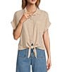 Color:River Rock - Image 1 - Woven Trimmed Short Roll Cuff Sleeve Point Collar Button Tie Front Top