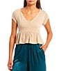 Color:Champagne - Image 1 - Cap Sleeve V-Neck Textured Knit Baby Doll Top