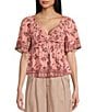 Color:Coral Almond - Image 1 - Floral Print Short Sleeve Knot Front Smocked Babydoll Top