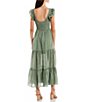 Color:Summer Olive - Image 2 - Flutter Sleeve Scoop Neck Shadow Plaid Gauze Smocked Tiered Maxi Dress