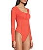 Color:Emberglow - Image 2 - Shirred Front Ribbed Scoop Neck Long Sleeve Bodysuit