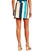 Color:Shady Blue Multi - Image 2 - Striped Ponte Knit Double Slit Mini Skirt