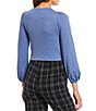 Color:Colonial Blue - Image 2 - Textured-Knit Balloon Sleeve Cinched Tie Front Cropped Blouse
