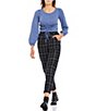 Color:Colonial Blue - Image 3 - Textured-Knit Balloon Sleeve Cinched Tie Front Cropped Blouse