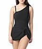 Color:Black - Image 1 - Solid Rosaline One Shoulder Sarong Shaping One Piece Swimsuit