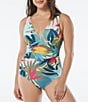 Color:Multi - Image 1 - Solitaire Tropical Print V-Neck Underwire Bra Size Shaping One Piece Swimsuit