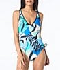 Color:Multi - Image 1 - Stellar Tropical Print V-Neck Bra Size Underwire Scoop Back Drawstring Tie Side One Piece Swimsuit