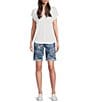 Code Bleu Stretch Denim Paisley Lace Soho High Rise Stacked Waist Double Button Bermuda Shorts, Color:Paisley Lace - Image 3