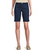 Color:Washed Navy - Image 1 - Code Blue Petite Size Stretch High Rise Button Snap Detail Bermuda Denim Shorts