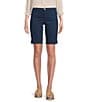 Color:Washed Navy - Image 1 - Code Blue Petite Size Stretch High Rise Button Snap Detail Bermuda Denim Shorts
