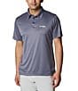 Color:Collegiate Navy Heather/White Logo - Image 1 - PFG Terminal Tackle Heather Performance Short-Sleeve Polo Shirt
