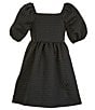 Color:Black - Image 1 - Big Girls 7-16 Puff-Sleeve Jacquard Dress