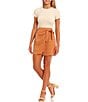 Color:Gold - Image 3 - Branch Printed High Rise Mini Faux Wrap Skirt