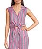 Copper Key Coordinating Stripe Printed Linen Blend Tie Front Tank Top, Color:Pink Multi - Image 1