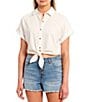 Color:White - Image 1 - Cuffed Short Sleeve Button Front Tie Hem Camp Shirt