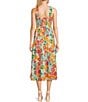 Color:Multi - Image 2 - Floral Printed Linen Blend Smocked Midi Dress
