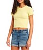 Color:Yellow - Image 1 - Lettuce Edge Ribbed Knit Short Sleeve Cropped Top