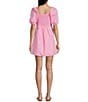 Color:Pink - Image 2 - Short Puff Sleeve Smocked Mini Dress