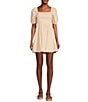 Color:Fawn - Image 1 - Short Puff Sleeve Smocked Mini Dress