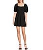 Copper Key Square Neck Puff Sleeve Dress, Color:Black - Image 1