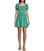 Color:Green - Image 1 - Textured Puff Sleeve Smocked Floral Mini Dress