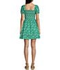 Color:Green - Image 2 - Textured Puff Sleeve Smocked Floral Mini Dress