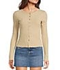 Copper Key Wide Ribbed Knit Button Front Top, Color:Khaki - Image 1