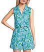 Color:Blue - Image 1 - Woven Coordinating Printed Sleeveless Tie Front Top
