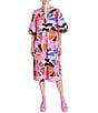 Color:Multi - Image 1 - Leslie Cotton Poplin Floral Print Stand Split V-Neck Shift Midi Dress