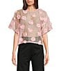 COREY LYNN CALTER Woven 3D Flower Crew Neck Short Sleeve Sheer Top, Color:Candy Pink - Image 1