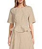 COREY LYNN CALTER Yolanda Woven Stripe Print Round Neck Short Sleeve Coordinating Peplum Top, Color:Tan - Image 1