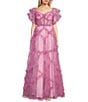 Color:Pink - Image 1 - Floral Print Short Sleeve Illusion Corset Ruffle Ball Gown
