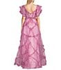 Color:Pink - Image 2 - Floral Print Short Sleeve Illusion Corset Ruffle Ball Gown
